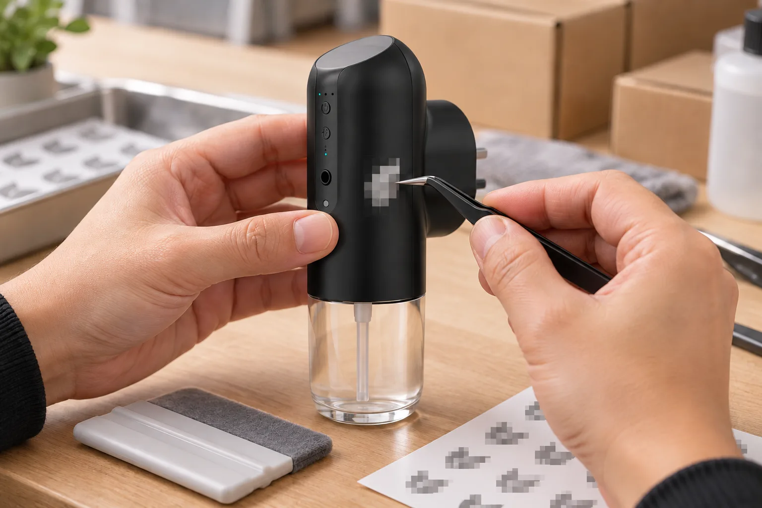 AI-generated concept illustration of a durable label being applied to a scent diffuser with logo areas pixelated