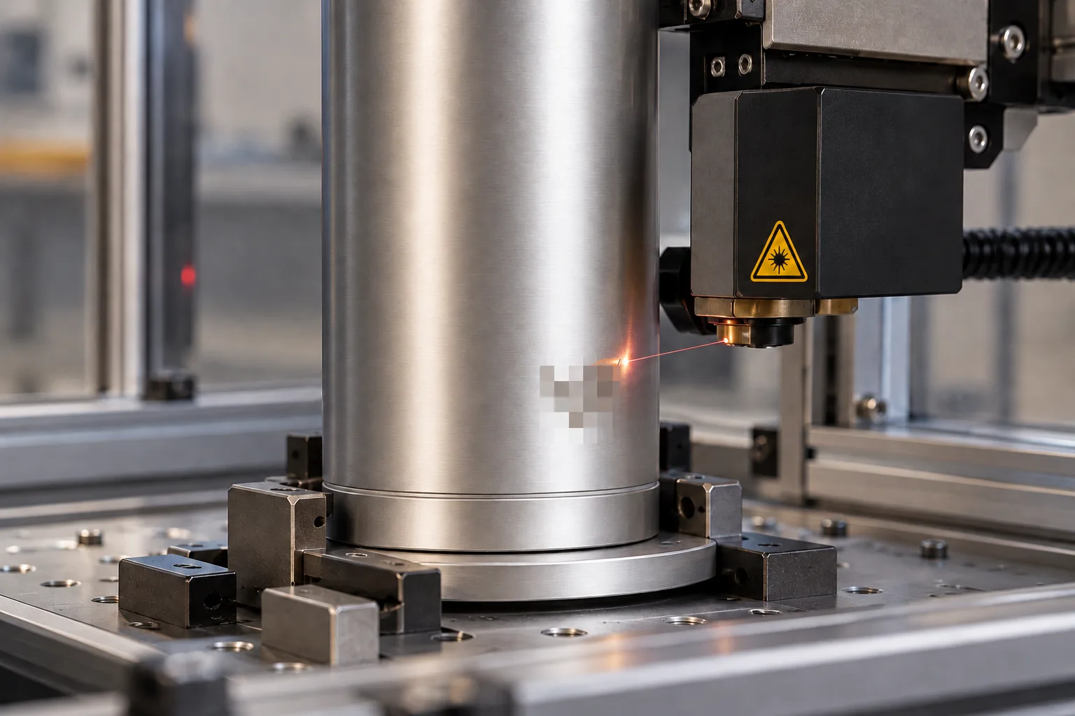 AI-generated concept illustration of laser marking on an aluminum scent machine with the logo area pixelated