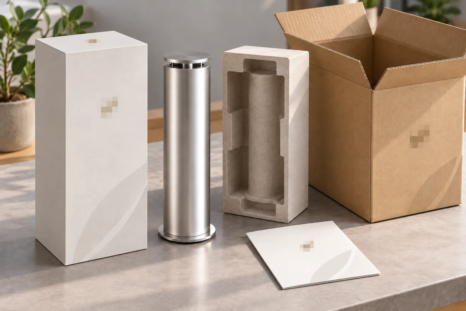 AI-generated concept illustration of scent machine retail packaging and shipping packaging with brand marks pixelated