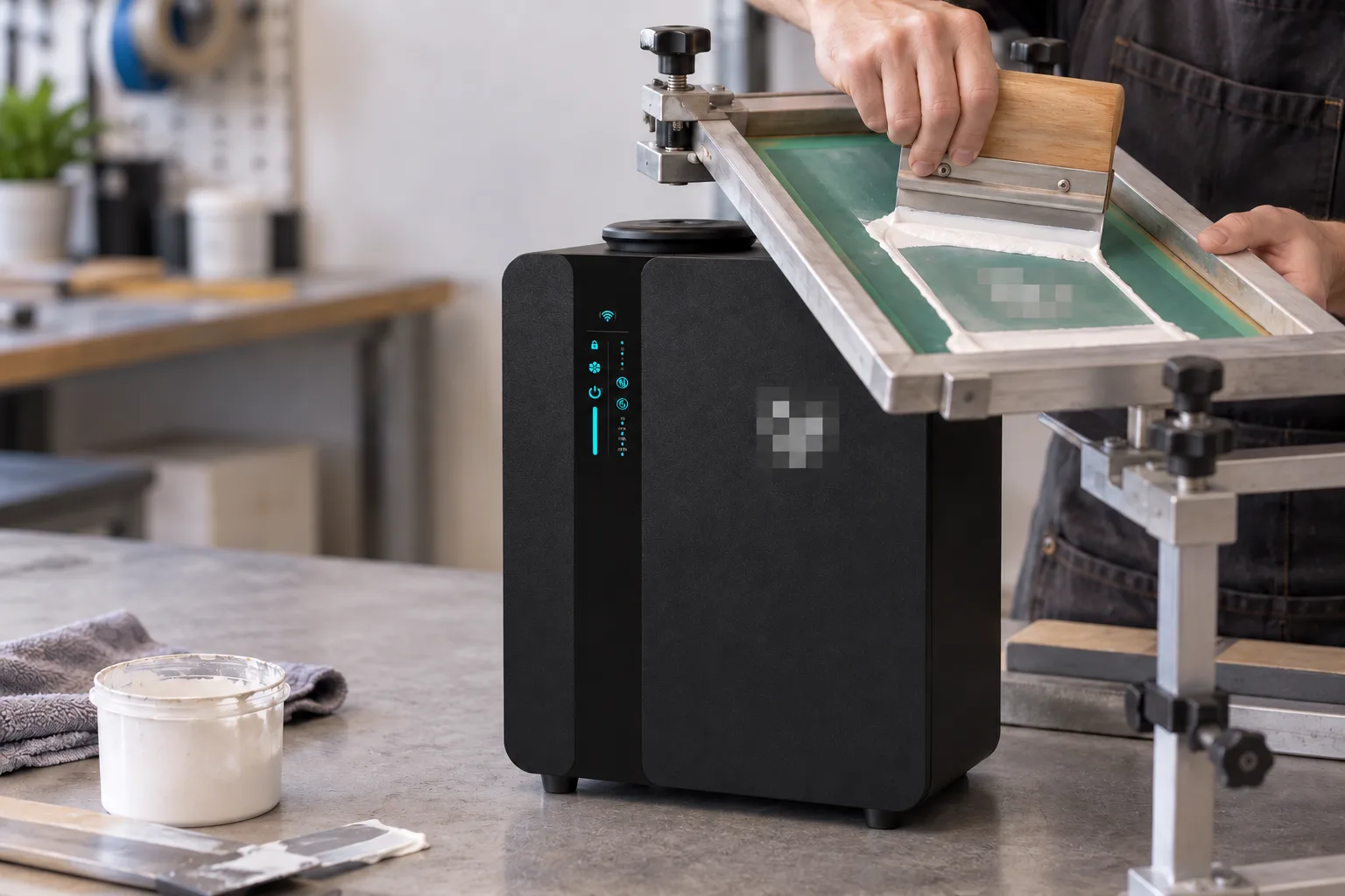 AI-generated concept illustration of screen printing on a scent machine with the logo area pixelated