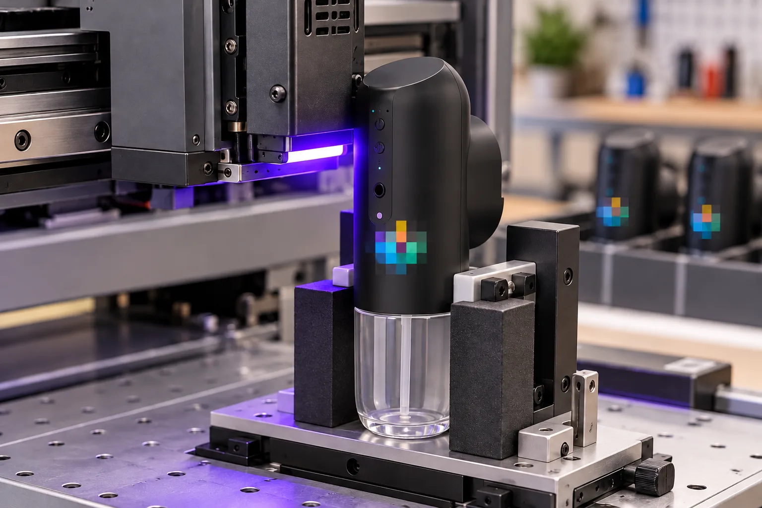 AI-generated concept illustration of UV printing on a plug-in scent diffuser with logo areas pixelated